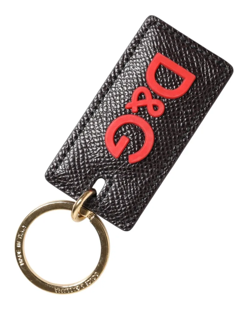 Dolce & Gabbana Black Calf Leather Logo Metal Ring Men Keychain Keyring Black