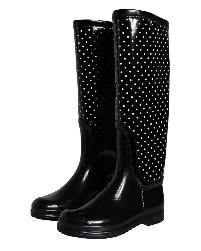 Dolce & Gabbana Women's Black Polka Dot Rubber Knee High Boots Shoes Black