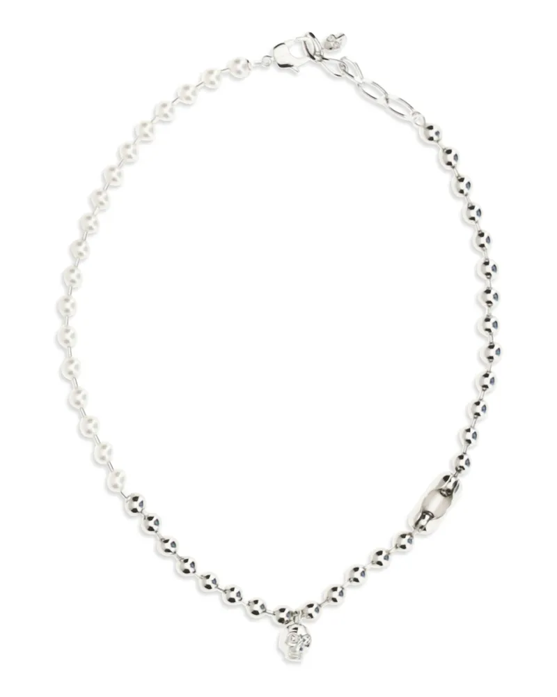 Alexander McQueen Men's Pearl Skull Necklace 0926+pearl Brass Necklaces Silver