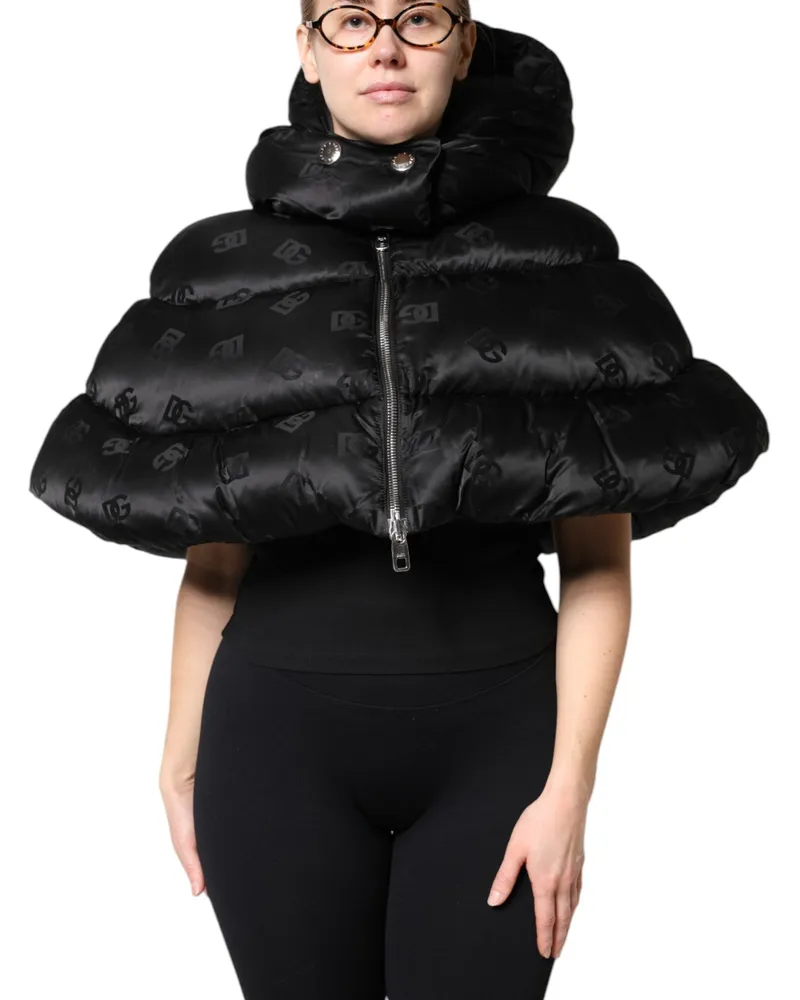 Dolce & Gabbana Women Black Padded Puffer Hooded Full Zip Cropped Jacket Nylon Clothing Black