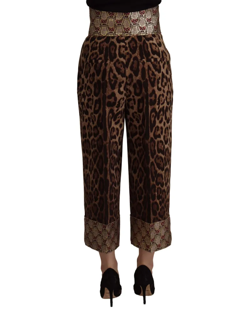 Dolce & Gabbana Women Brown Leopard Gold Jacquard High Waist Pants Wool Brown