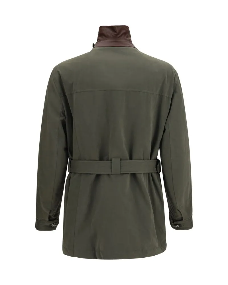 Brunello Cucinelli Belted Cotton-Blend Waterproof Jacket — Green Green