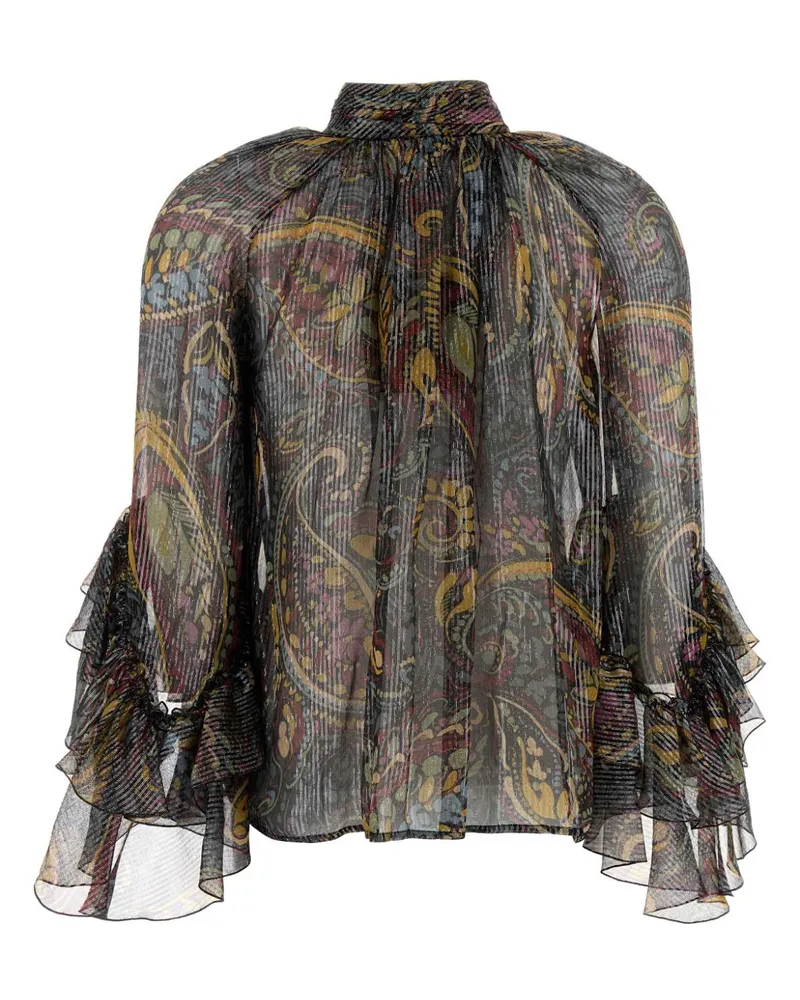 Etro Women's Printed Silk Blend Blouse X0810 Exterior: Metal Fiber Camicie Shirt Gray