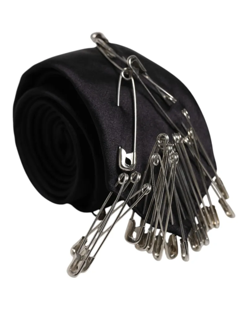 Dolce & Gabbana Men's Black Safety Pins Silk Adjustable Necktie Accessory Tie Black