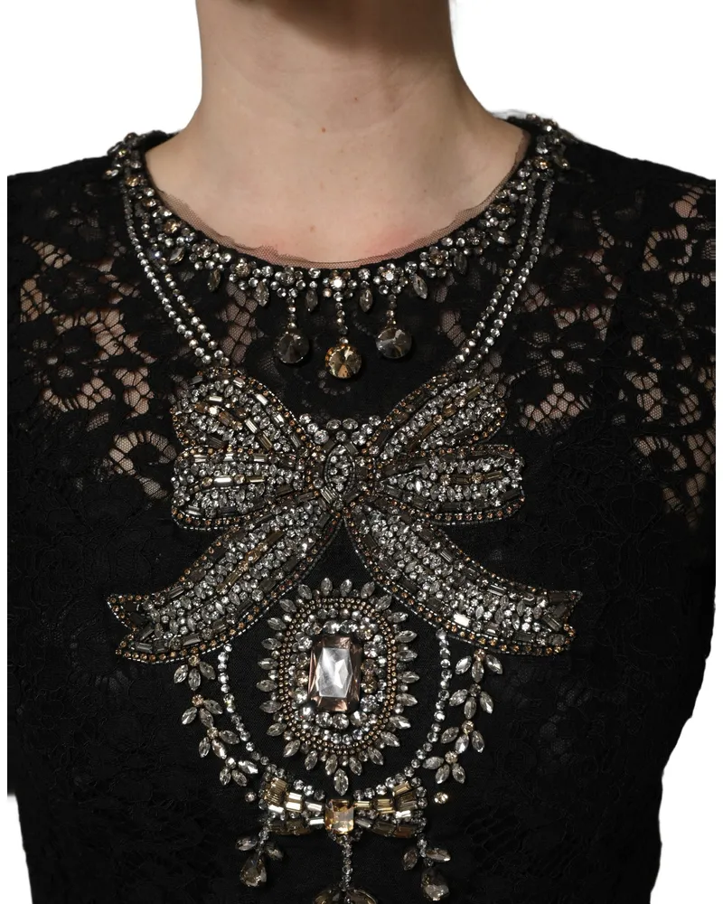 Dolce & Gabbana Women Black Crystal Embellished Sheath Midi Dress Cotton Nylon Viscose Black