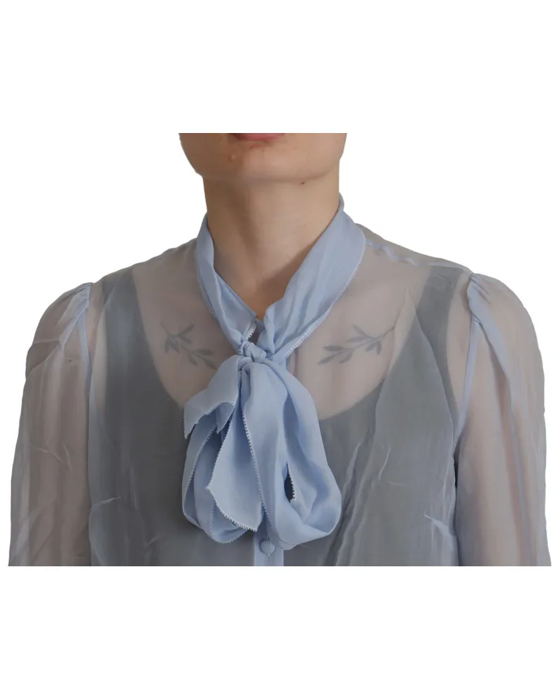 Dolce & Gabbana Women Light Blue Silk Ascot Collar Long Sleeves Top Blue