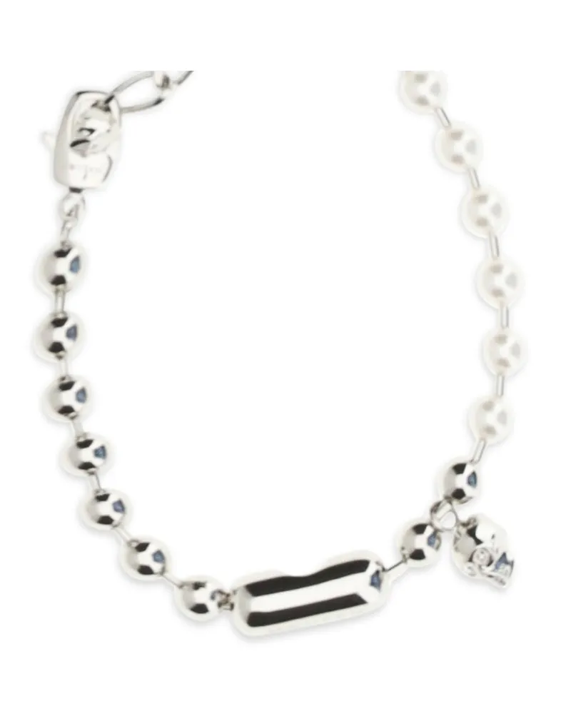 Alexander McQueen Men's Pearl Skull Bracelet 0926+pearl Brass Bracelets Silver
