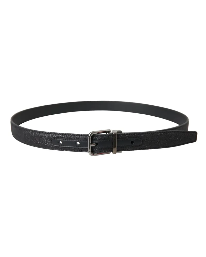 Dolce & Gabbana Women's Black Glittered Leather Silver Buckle Belt Black