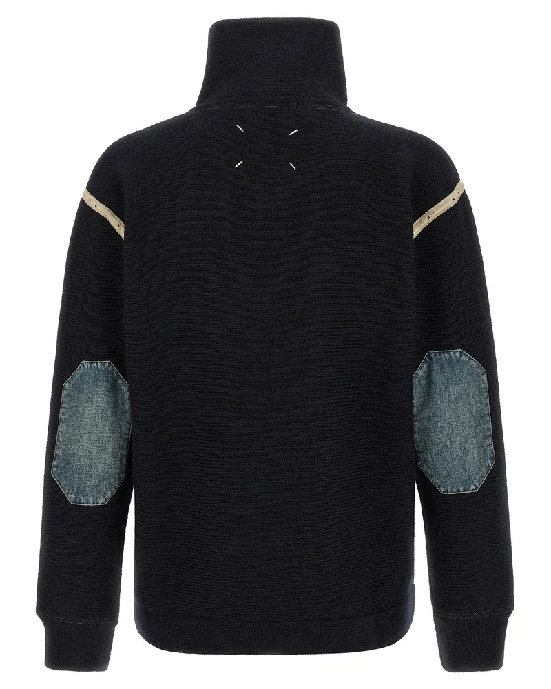 Maison Margiela Wool Turtleneck with Denim Patches Sweater — Navy Navy