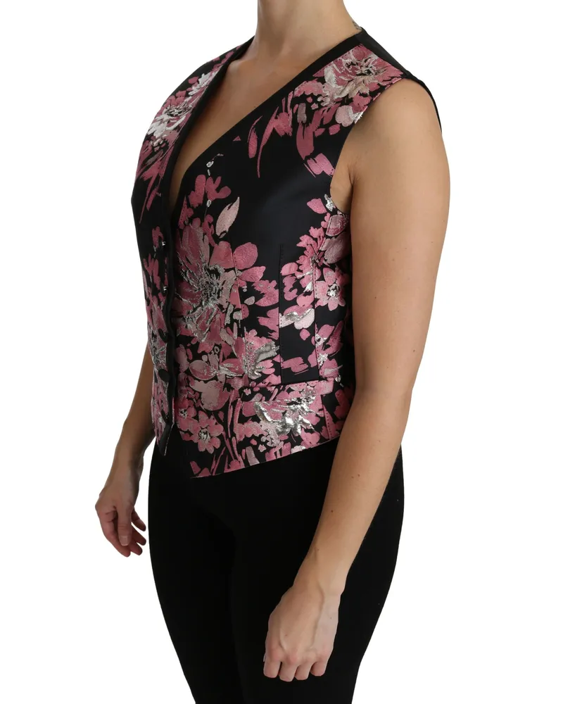 Dolce & Gabbana Women's Black Pink Floral Waistcoat Vest Blouse Top Black