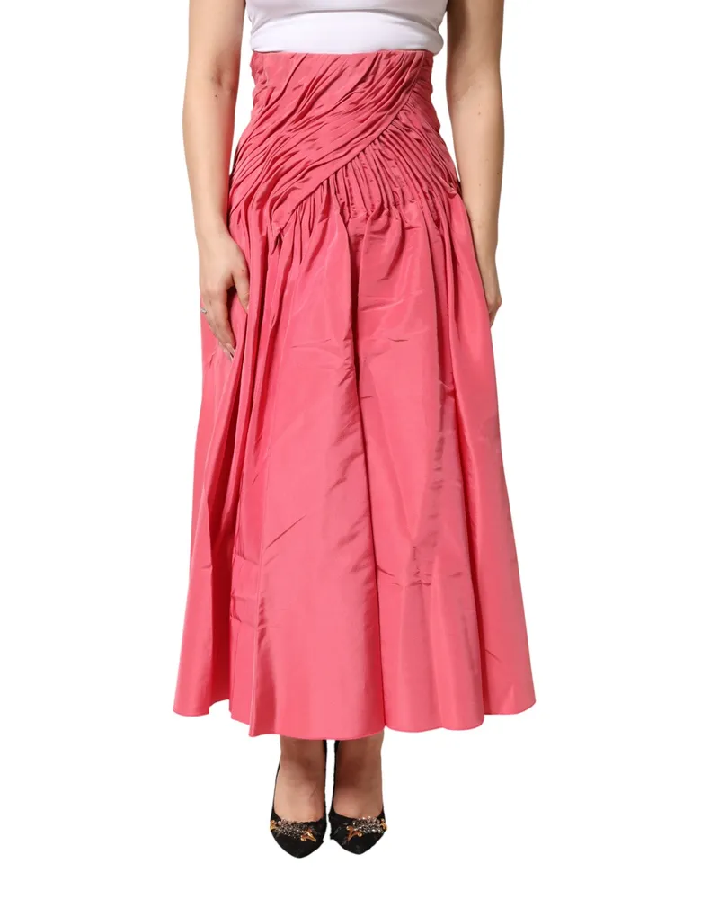 Dolce & Gabbana Women Pink Silk Pleated High Waist Midi Skirt Pink