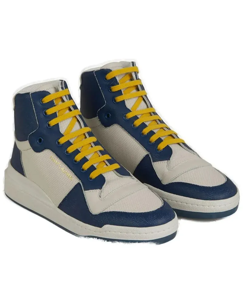 Saint Laurent Men's Blue Calf Leather Mid Top Sneakers Navy