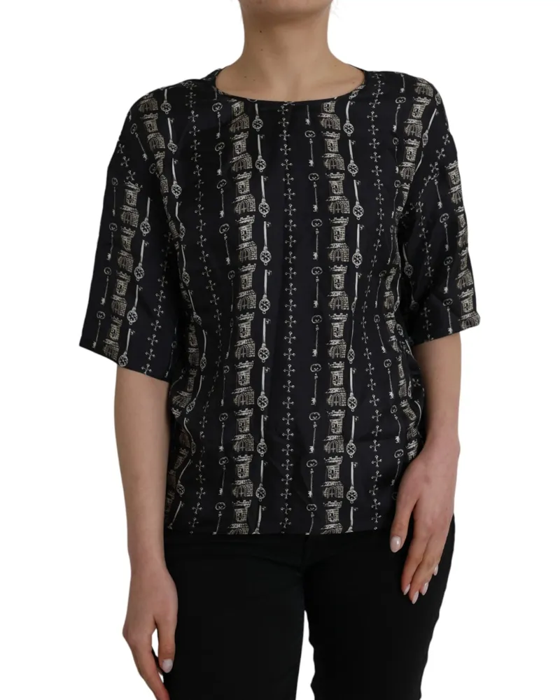 Dolce & Gabbana Women's Black Key Castle Print Silk Blouse T-Shirt Black