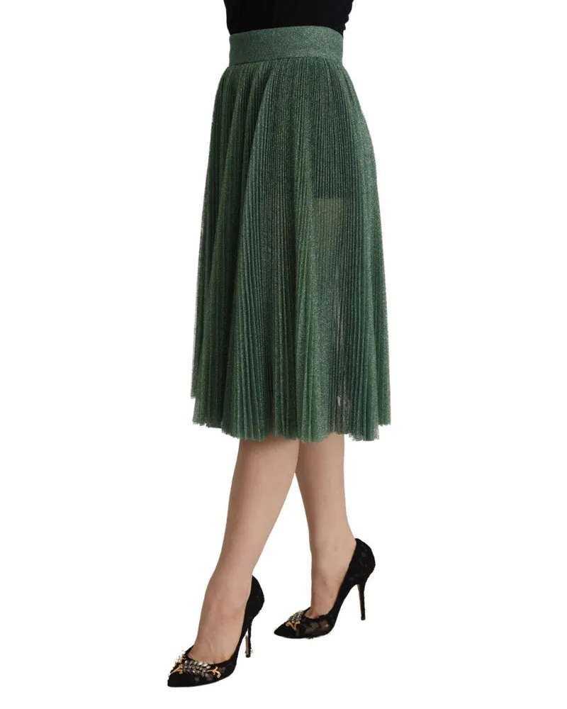 Dolce & Gabbana Women Metallic Green High Waist A-Line Pleated Skirt Polyester Cotton Green
