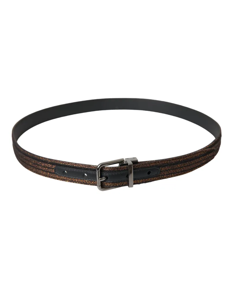 Dolce & Gabbana Women's Gold Jacquard Stripes Silver Metal Buckle Belt Leather Gold