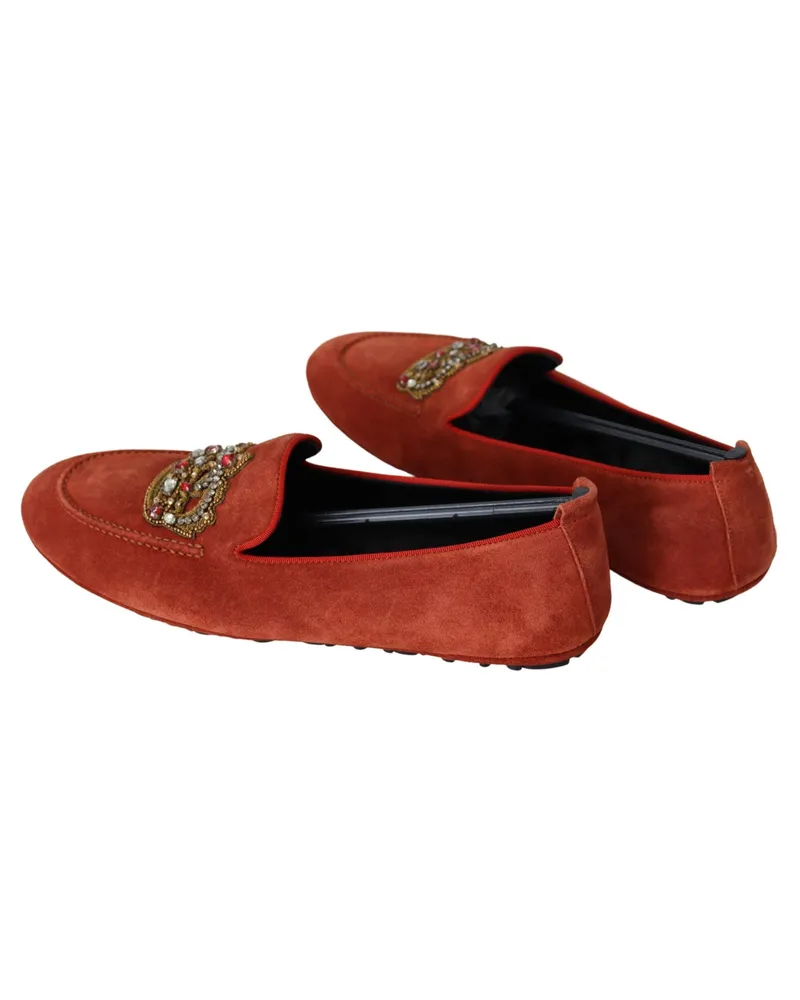 Dolce & Gabbana Men's Orange Leather Crystal Crown Loafers Shoes Orange