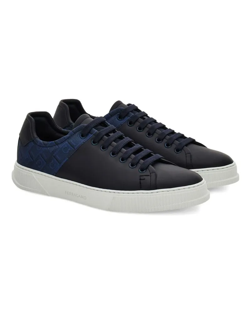 Ferragamo Monogram Low-Top Leather Sneaker — Black Black