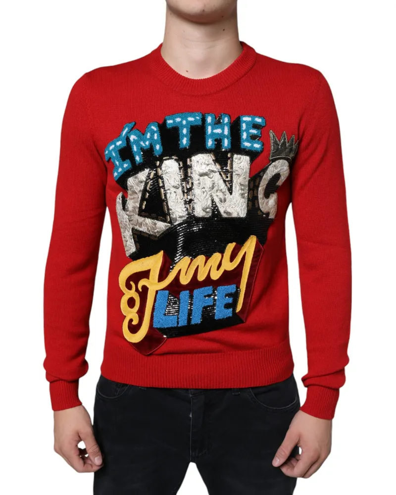 Dolce & Gabbana Men's Red Im The King Wool Crew Neck Sweatshirt Sweater Virgin Clothing Red