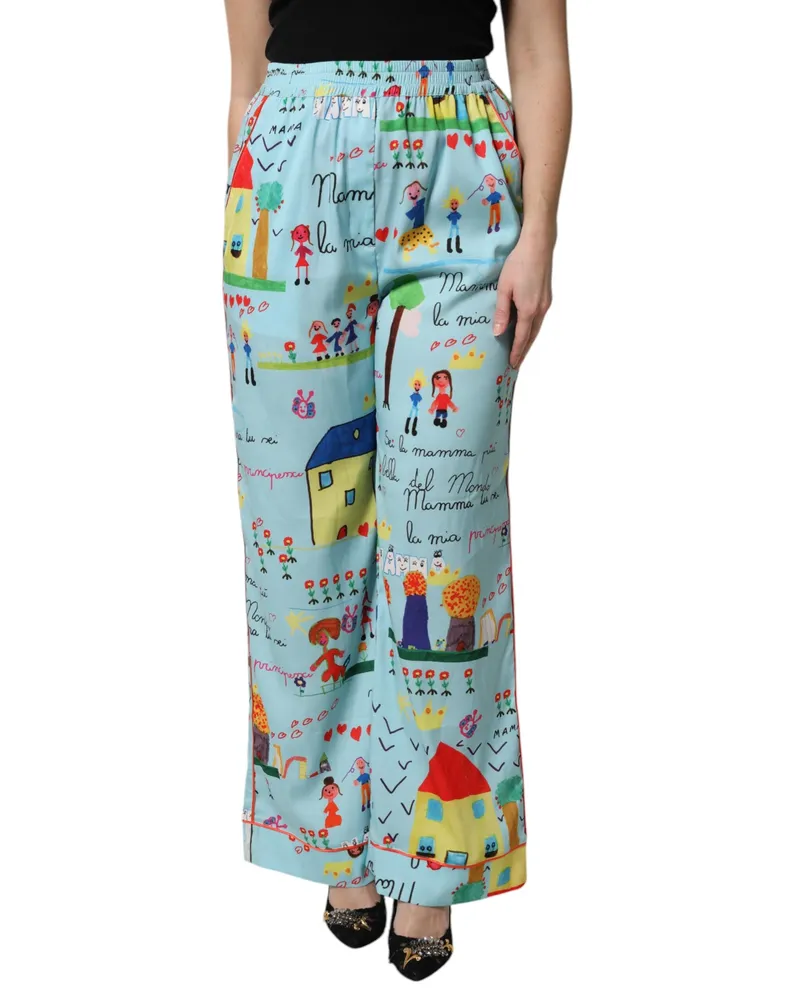 Dolce & Gabbana Women Light Blue Drawing Mid Waist Wide Leg Pants Polyester Elastane Blue