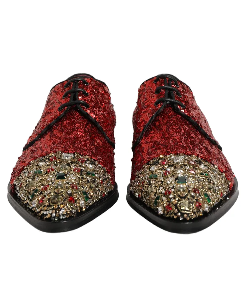 Dolce & Gabbana Red Sequin Embellished Men Derby Dress Shoes Leather Red