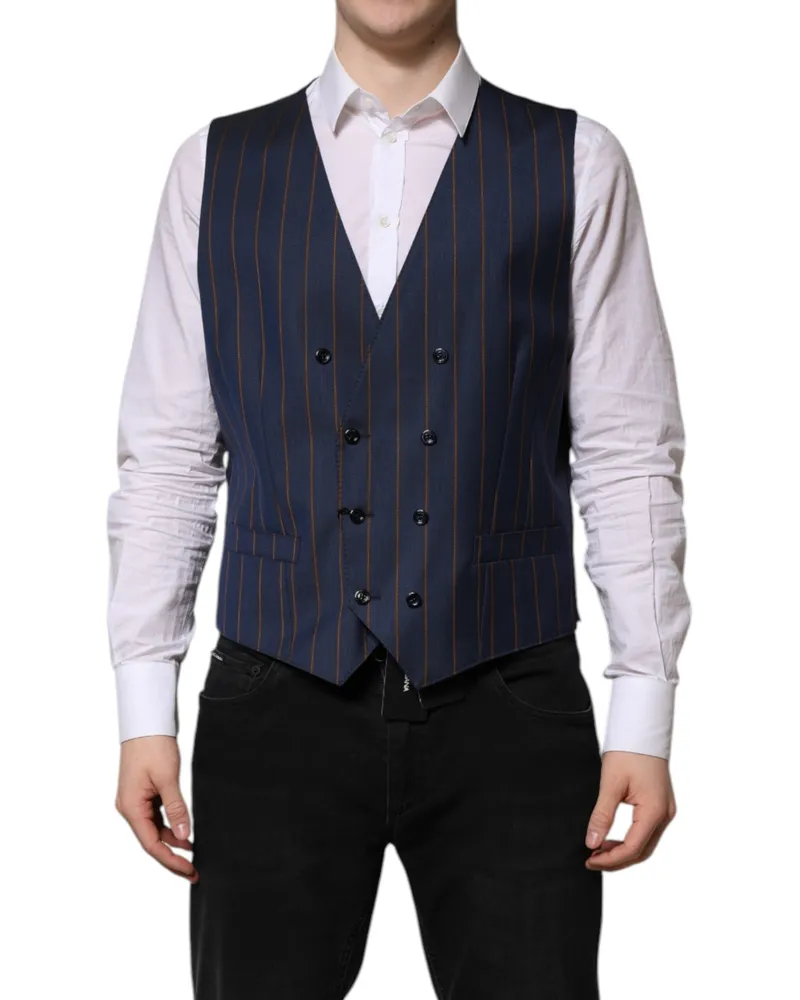 Dolce & Gabbana Blue Stripes Wool Formal Men Waistcoat Vest Virgin Clothing Navy