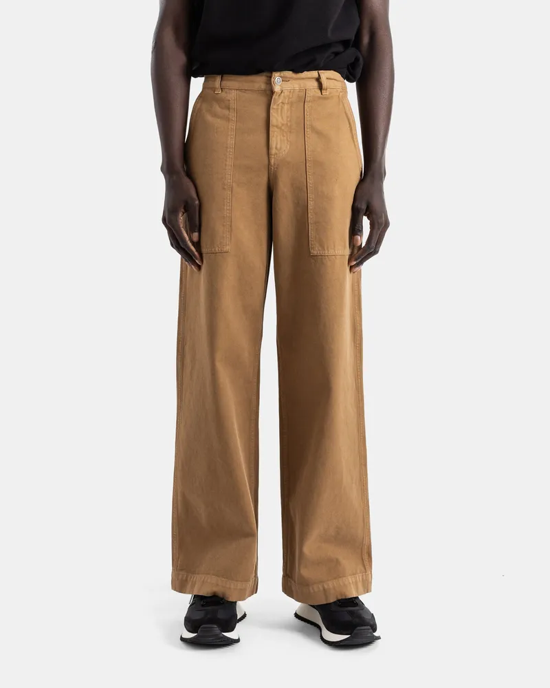 Moncler Women's Camel Cotton Wide-Leg Trousers Patch Pockets Leather Logo Brown Brown