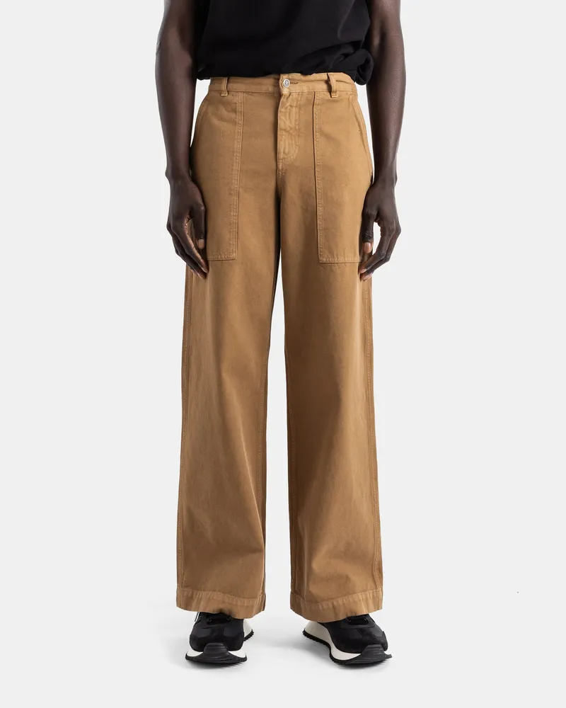 Moncler Women's Camel Cotton Wide-Leg Trousers Patch Pockets Leather Logo Brown Brown