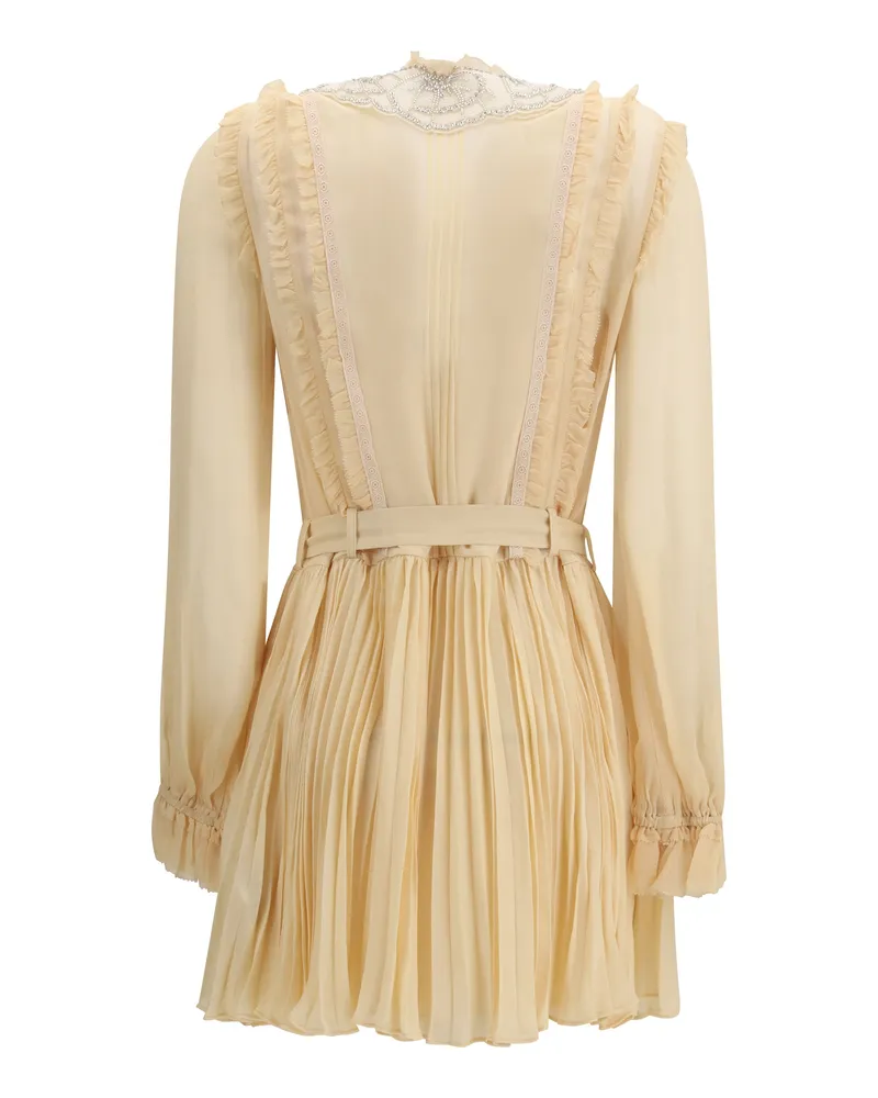 Self-Portrait Women's Dress Pleated Georgette Mini Tan Viscose Beige