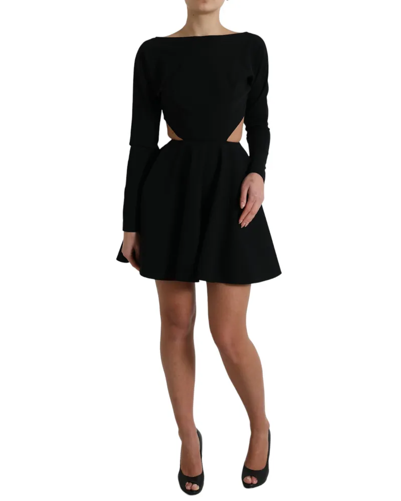 Dolce & Gabbana Women Black Viscose Cut Out A-Line Long Sleeves Mini Dress Nylon Elastane Black