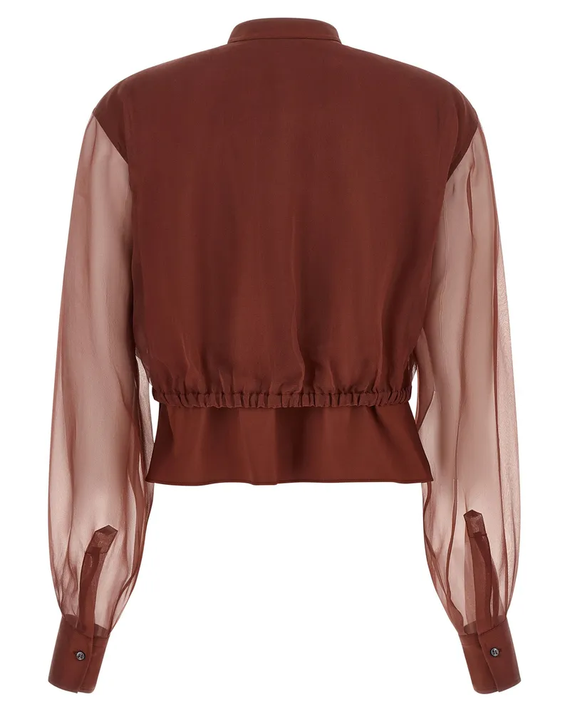 Brunello Cucinelli Silk-Sleeve Contrast Blouse — Brown Brown