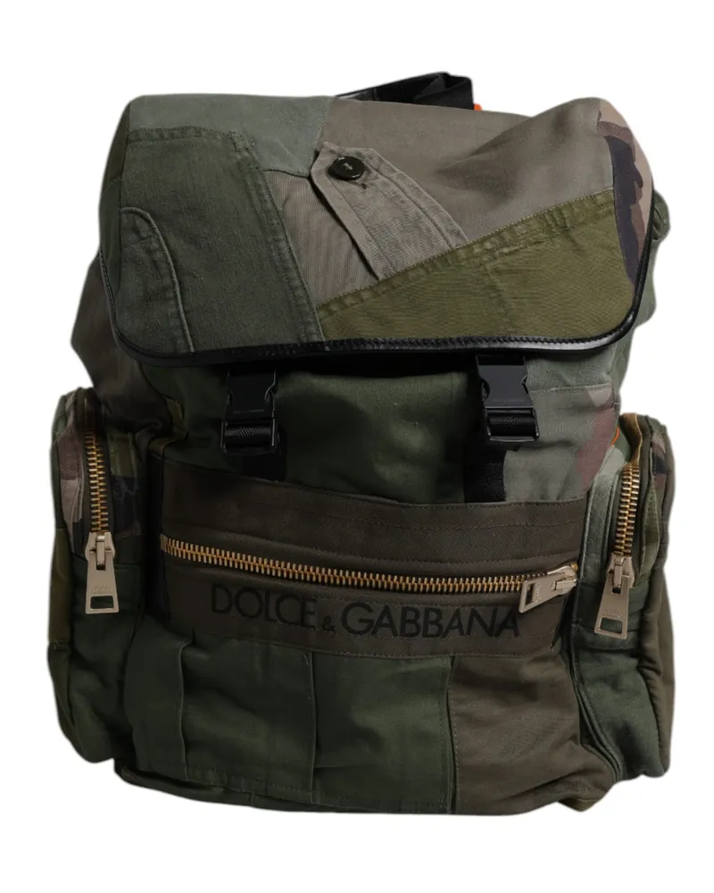 Dolce & Gabbana Men's Military Green Patchwork Travel Backpack Bag Cotton Leather Nylon Green