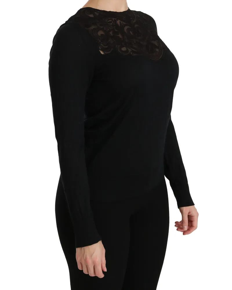 Dolce & Gabbana Women Black Silk Lace Crew Neck Long Sleeve Blouse Viscose Black