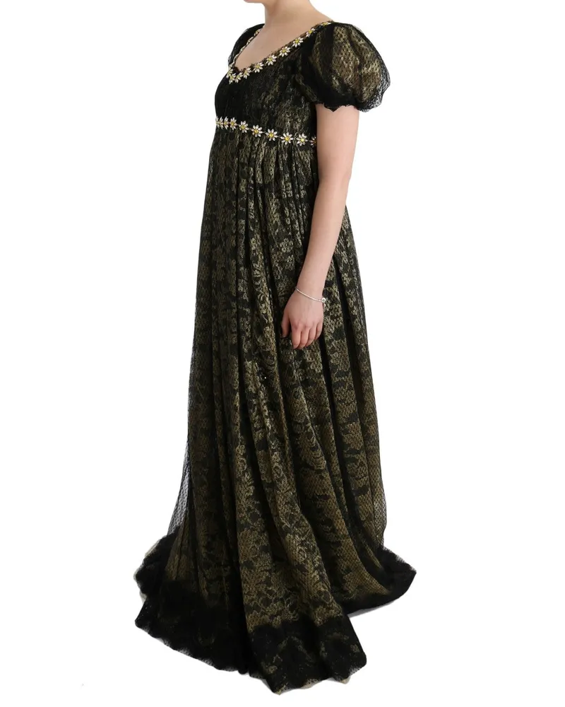 Dolce & Gabbana Women Black Yellow Crystal Lace Shift Dress Cotton Black