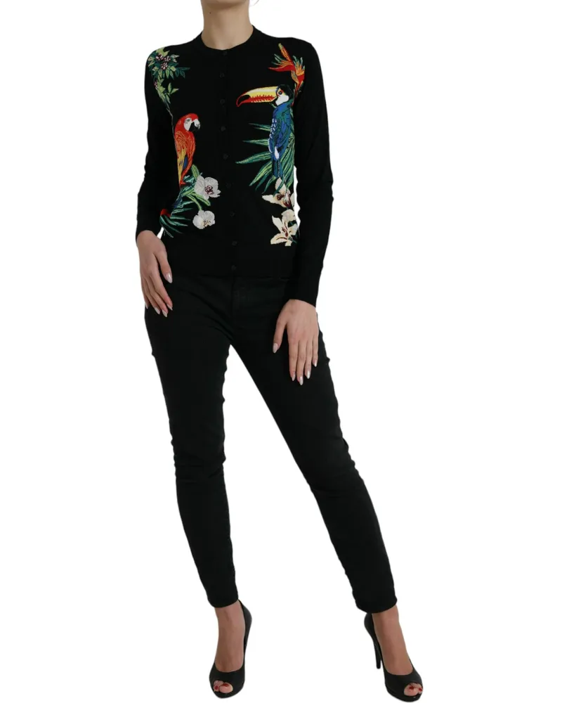 Dolce & Gabbana Women's Black Bird Wool Long Sleeve Cardigan Sweater Virgin Silk Clothing Black