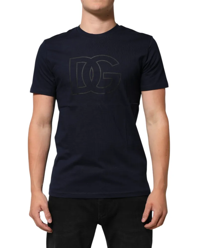 Dolce & Gabbana Dark Blue Cotton Dg Logo Print Mens Top T-Shirt Navy