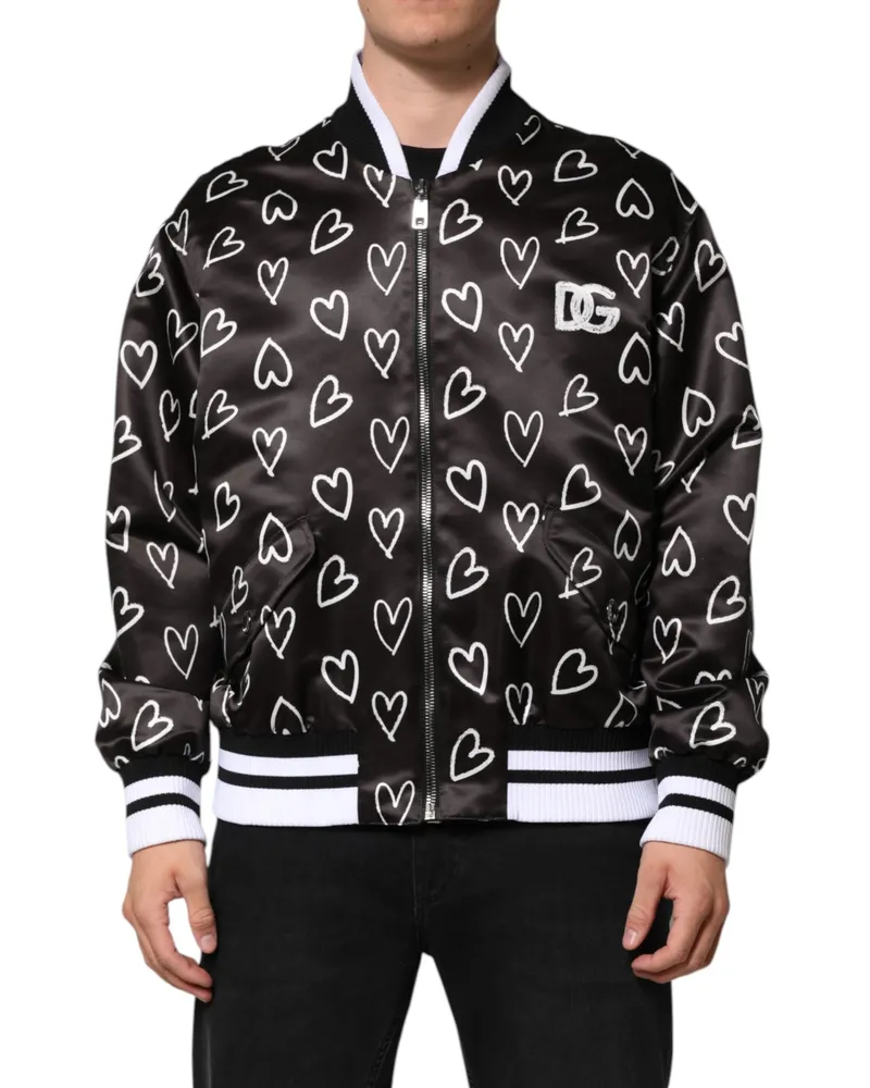 Dolce & Gabbana Men's Black Polyester Heart Print Bomber Jacket Clothing Black