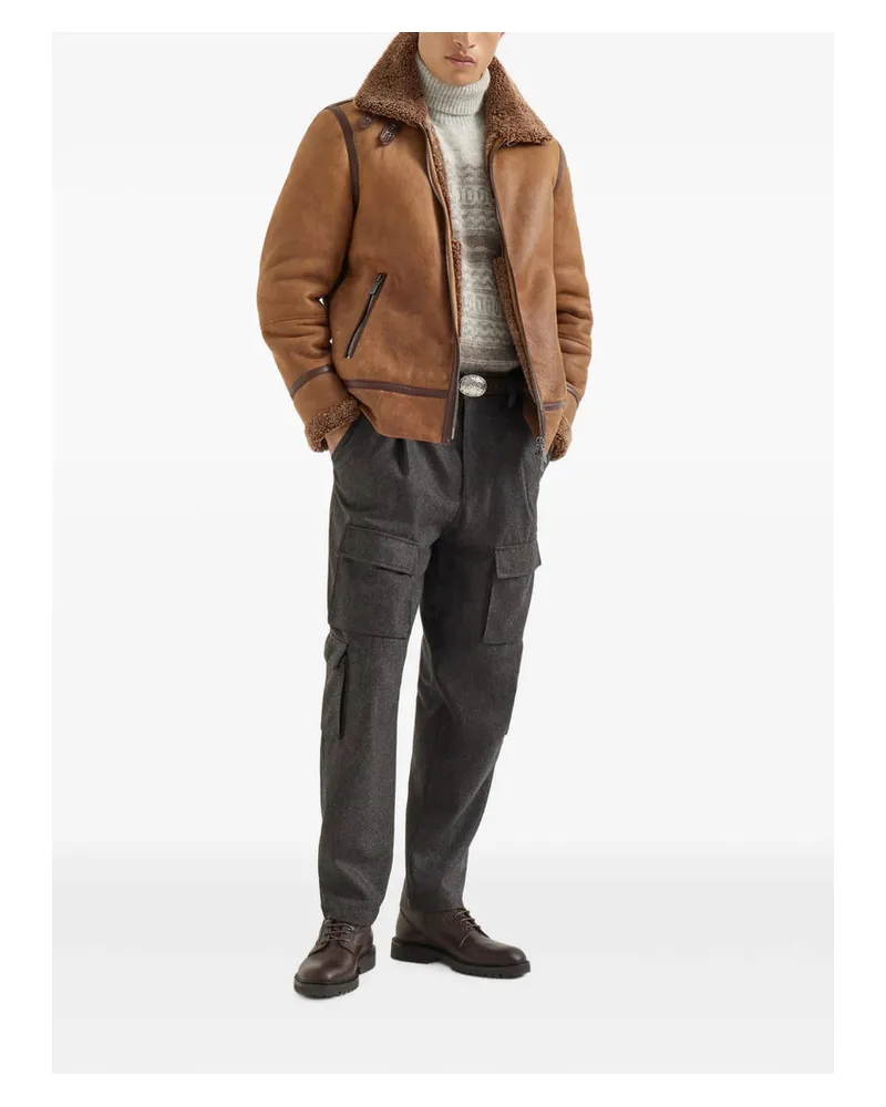 Brunello Cucinelli Shearling-Lined Lambskin Jacket — Brown Brown