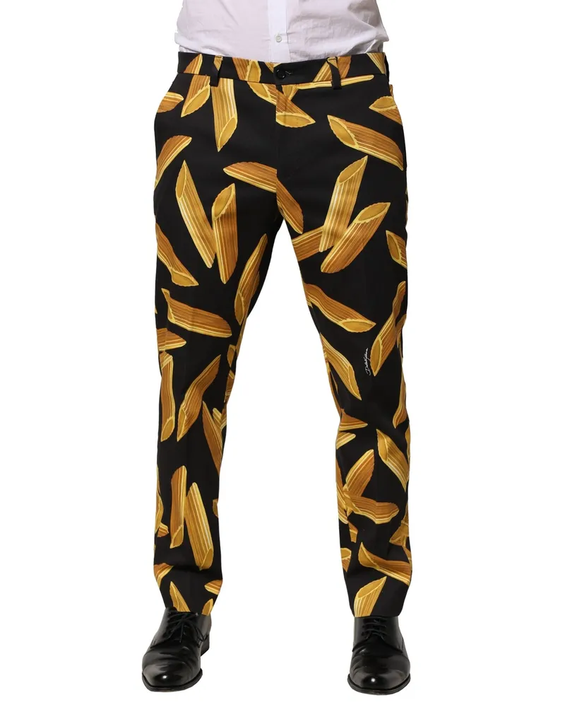 Dolce & Gabbana Black Pasta Print Tapered Men Pants Cotton Elastane Black