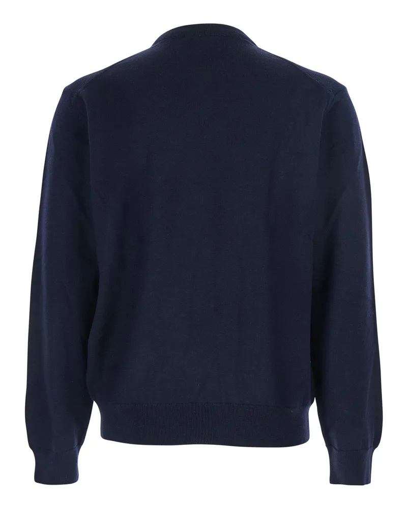 Kitsuné Men's Blue Crew Neck Sweater With Fox Patch Merinos Extrafine Wool Tops Top Navy