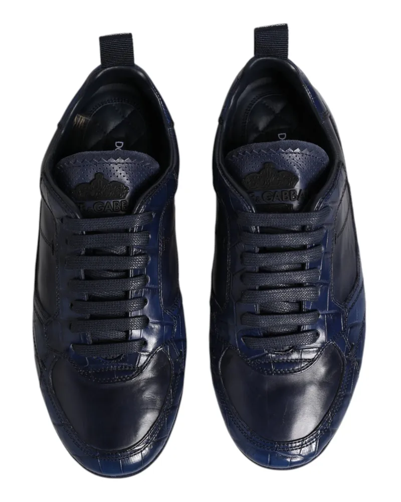Dolce & Gabbana Dark Blue Leather Low Top Men Sneakers Shoes Crocodile Navy