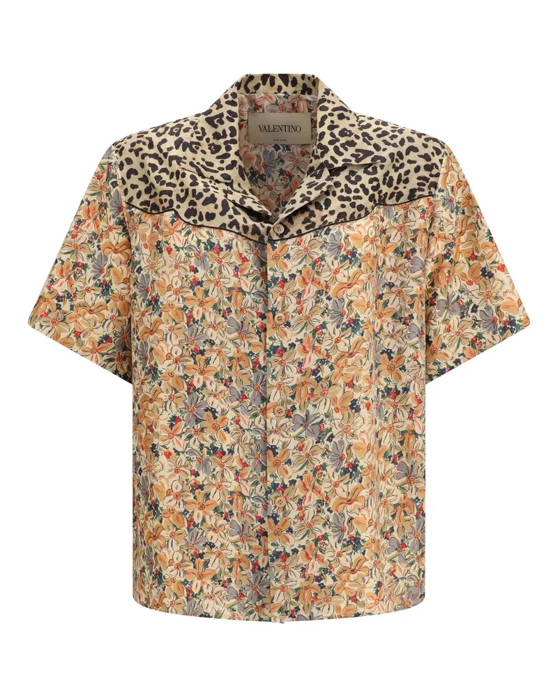 Valentino Garavani Men's Shirt Short-Sleeve Silk Floral & Leopard Print Multicolour Multicolor