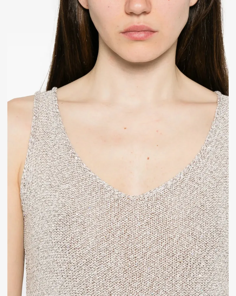 PANICALE Cashmere Women's Ribbed-Trim V-Neck Top Ss26 W Beige