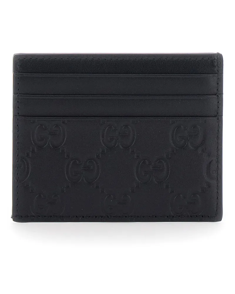 Gucci Men's Card Holder Emblem Black Leather Calf Accessory Black