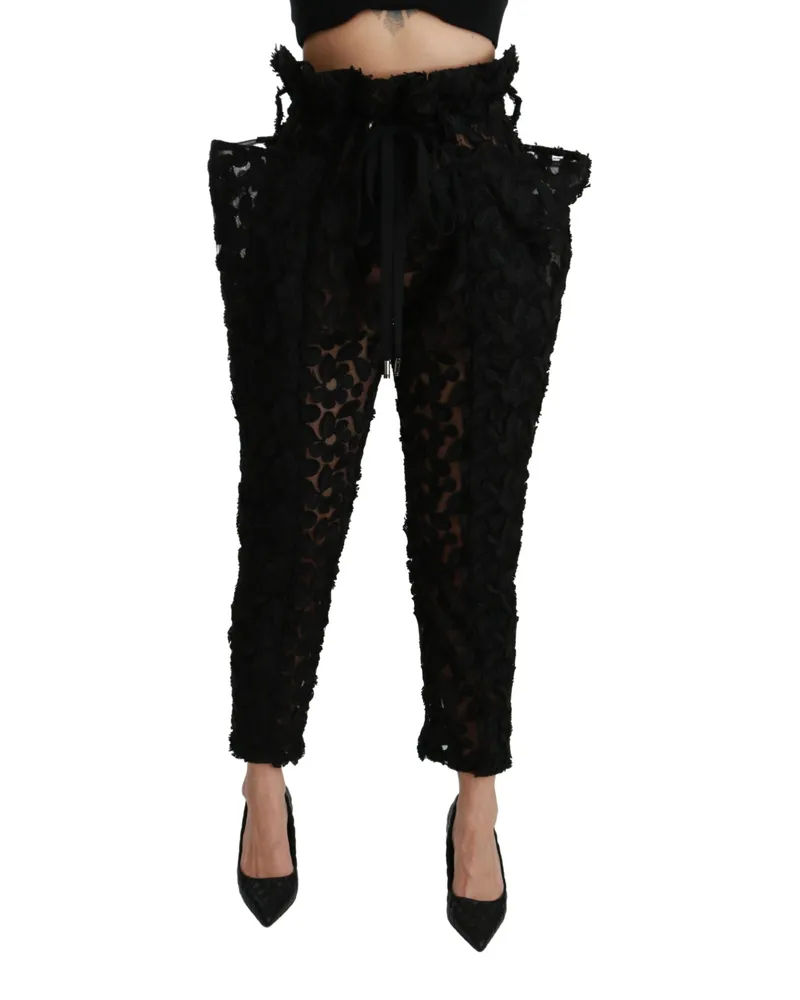 Dolce & Gabbana Women Black Floral Lace Tapered High Waist Pants Polyester Black