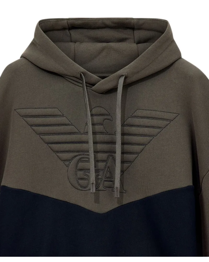 Emporio Armani Embroidered Logo Colour-Block Hoodie — Olive Olive