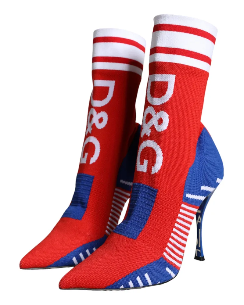 Dolce & Gabbana Women's Red Blue Stretch Sock Style Ankle Boots Logo Shoes Polyester Leather Red