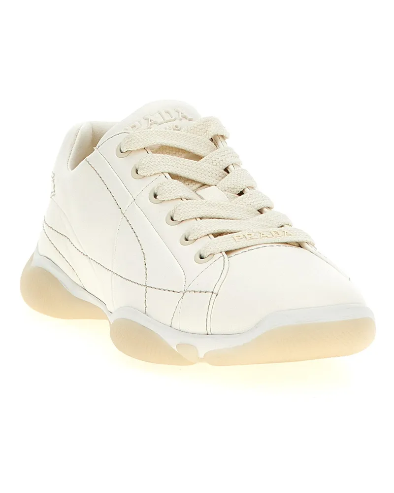 Prada Contrast-Stitched Nappa Leather Sneaker — White White
