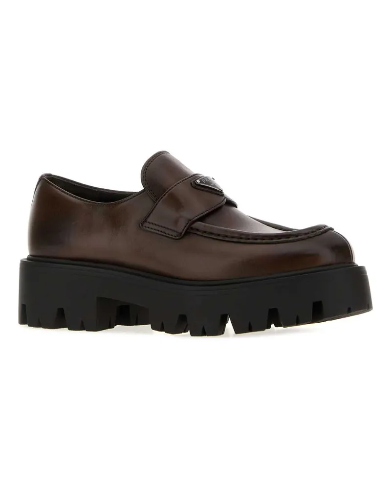 Prada Women's Dark Brown Leather Loafers Teak Mocassini Brown