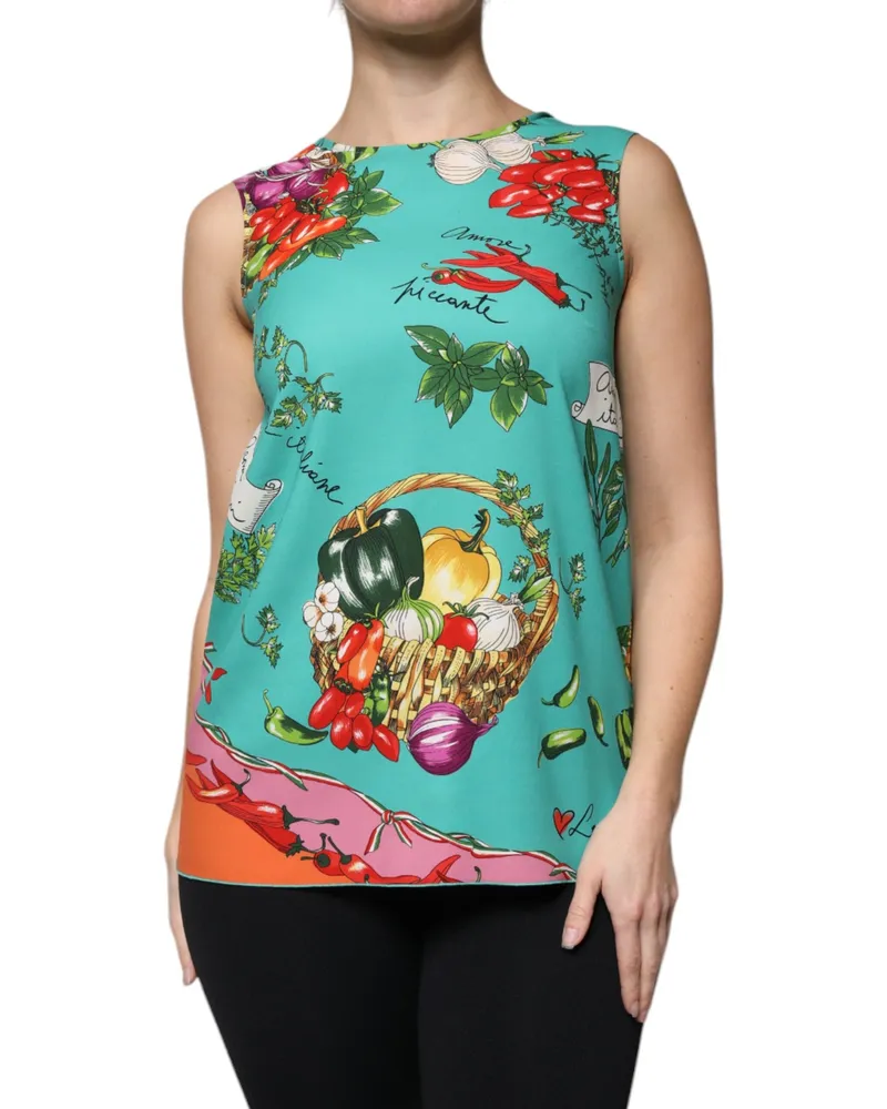 Dolce & Gabbana Women's Multicolor Vegetables Sleeveless Tank Top Silk Elastane Turquoise