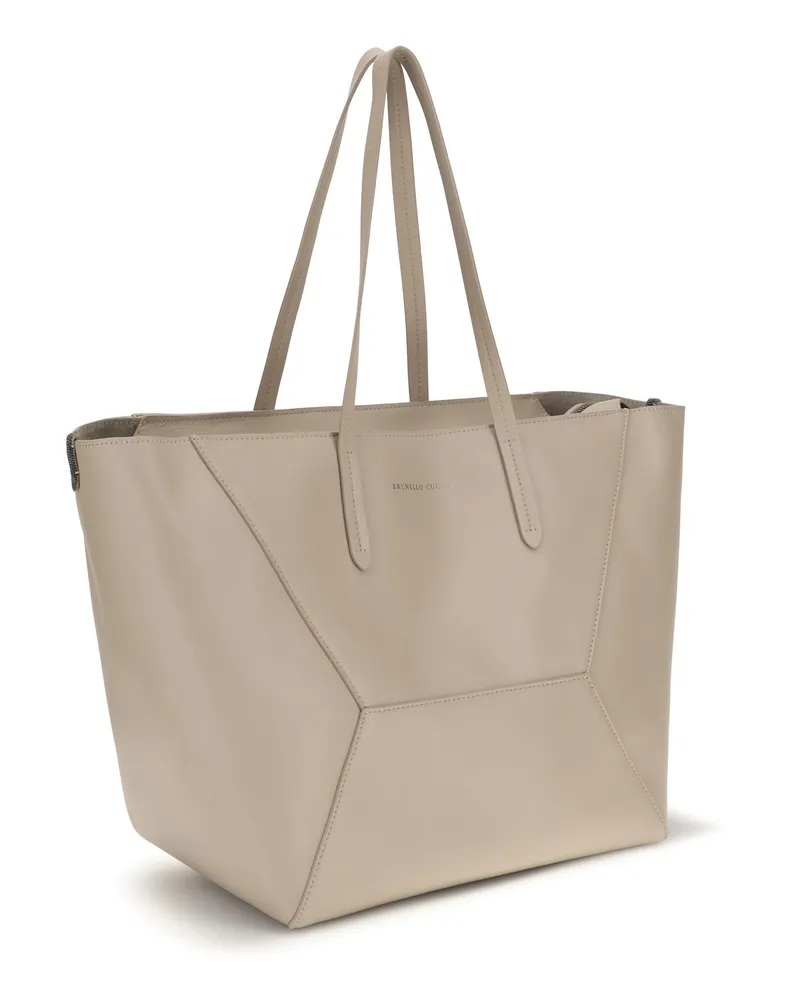 Brunello Cucinelli Women's Leather Tote Bag Moonbeam Calf Bos Taurus Shoulder Beige
